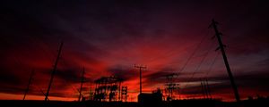 Превью обои провода, столбы, силуэты, темный, небо