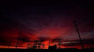 Превью обои провода, столбы, силуэты, темный, небо