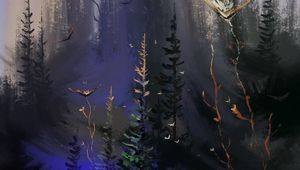 Превью обои пруд, деревья, лес, птицы, арт
