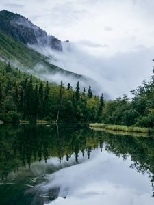 Превью обои пруд, деревья, облака, горы, пейзаж