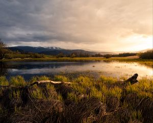 Превью обои пруд, луг, трава, горы, пейзаж