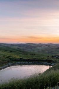 Превью обои пруд, вода, холмы, природа