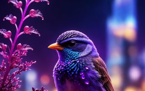 Превью обои птица, перья, милый, цветы, фиолетовый, арт
