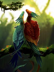 Превью обои птицы, драконы, арт, фантастика, разноцветный, пара, дождь