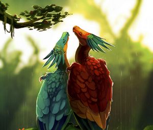 Превью обои птицы, драконы, арт, фантастика, разноцветный, пара, дождь