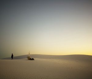 Превью обои пустыня, песок, путник, вечер, закат