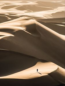 Превью обои пустыня, песок, силуэт, дюны, одинокий, странник