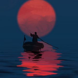 Превью обои путешественник, силуэт, лодка, закат, солнце, арт
