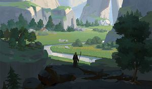 Превью обои путник, скалы, дом, арт