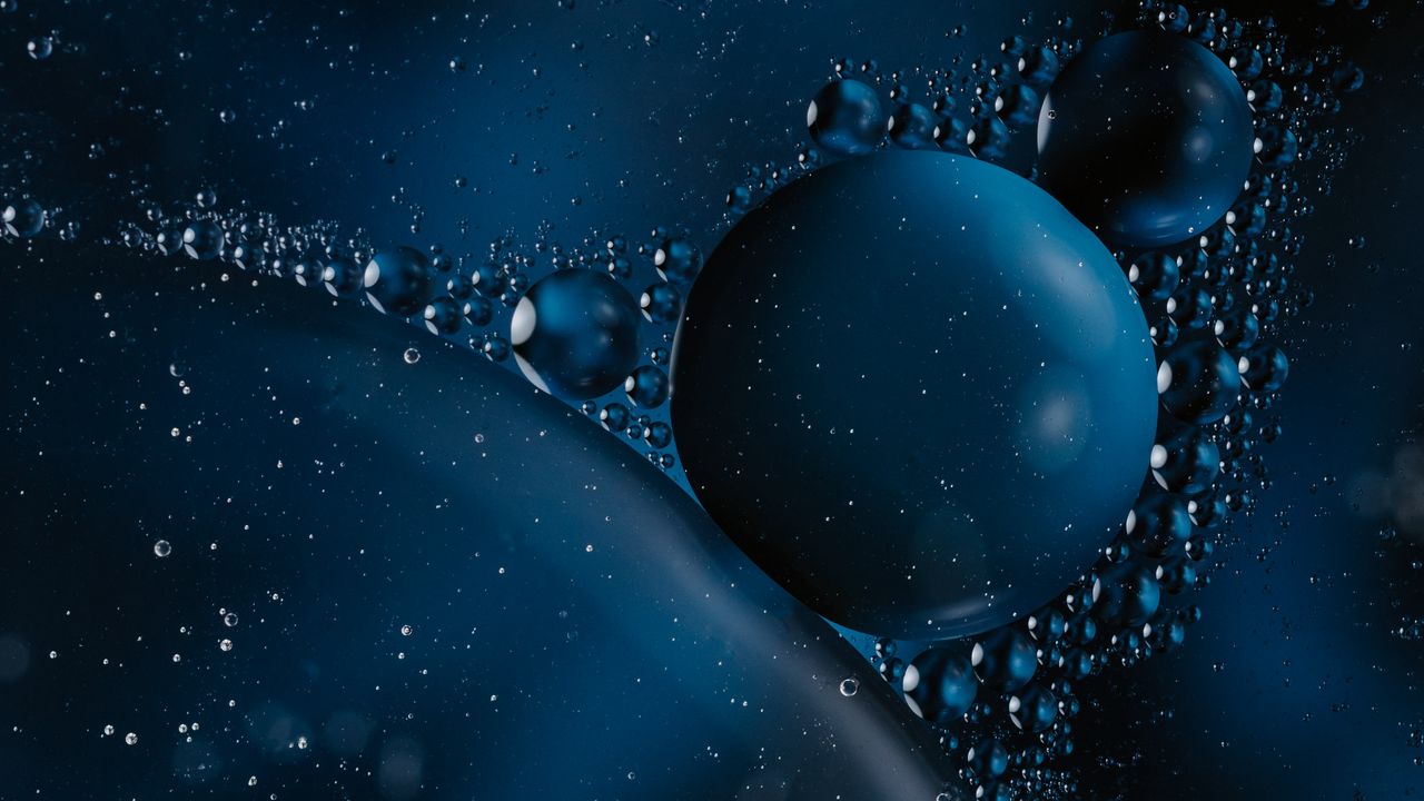 Обои пузыри, воздух, жидкость, макро, синий, темный