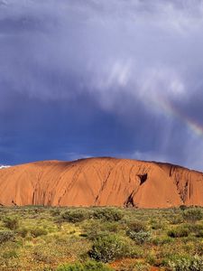 Превью обои радуга, австралия, после дождя, тучи, растительность, каньон