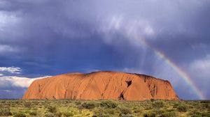 Превью обои радуга, австралия, после дождя, тучи, растительность, каньон