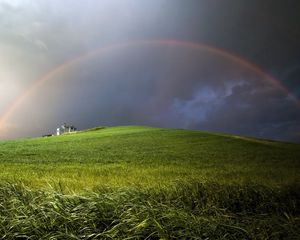 Превью обои радуга, тучи, холм, пасмурно, луг