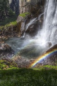 Превью обои радуга, водопад, струи, поток, сверху, камни, тень, влажность, цвета