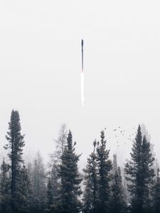 Превью обои ракета, дым, деревья, туман