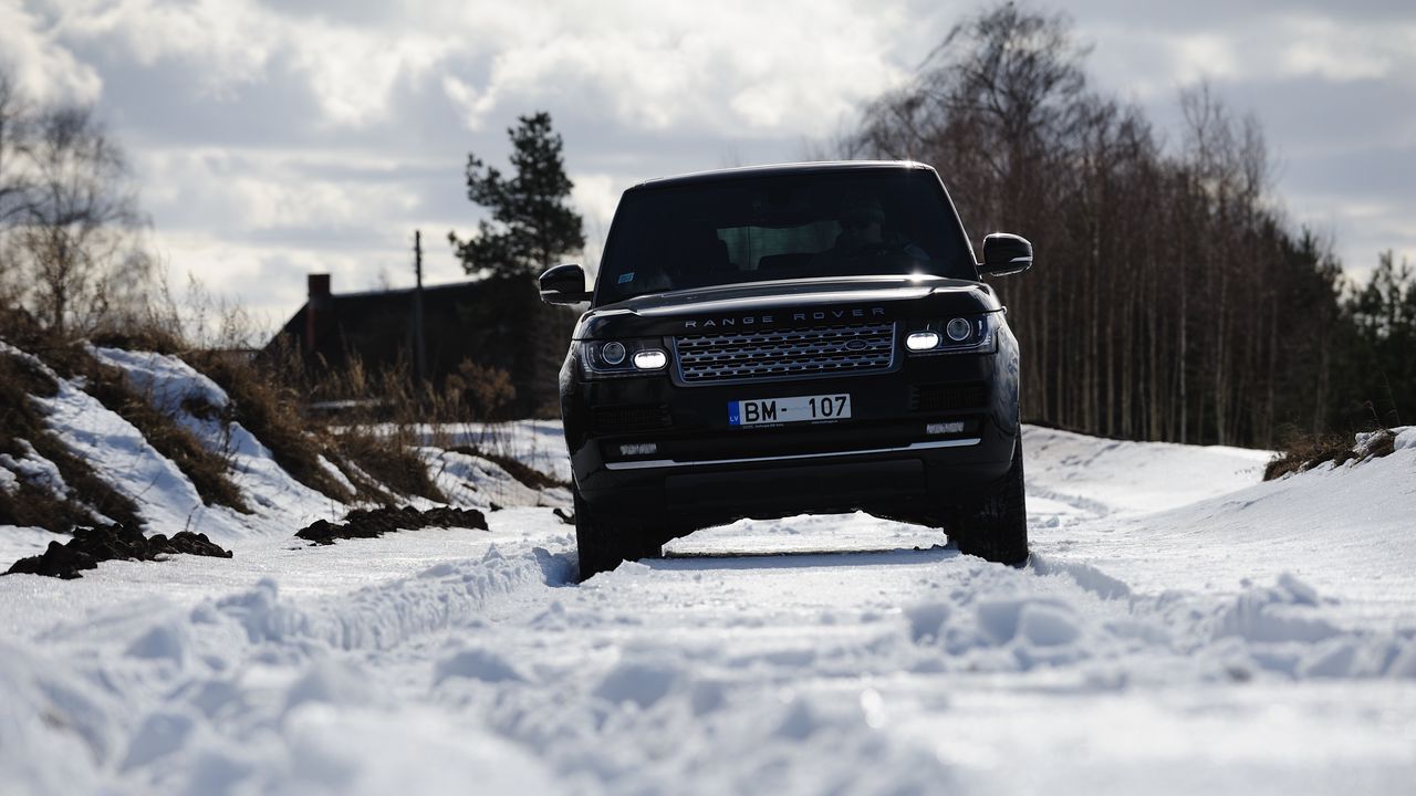 Обои range rover, автомобиль, внедорожник, черный, снег, зима