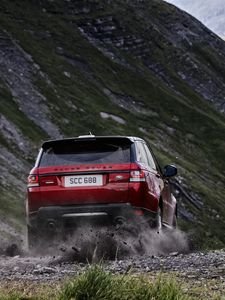 Превью обои range rover sport, range rover, автомобиль, красный, пыль, гравий