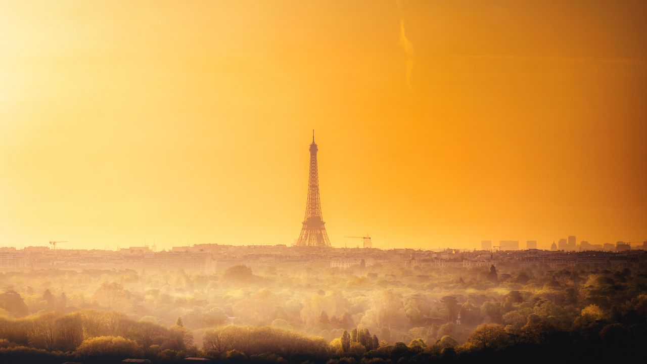 Обои рассвет, эйфелева башня, горизонт, париж, франция