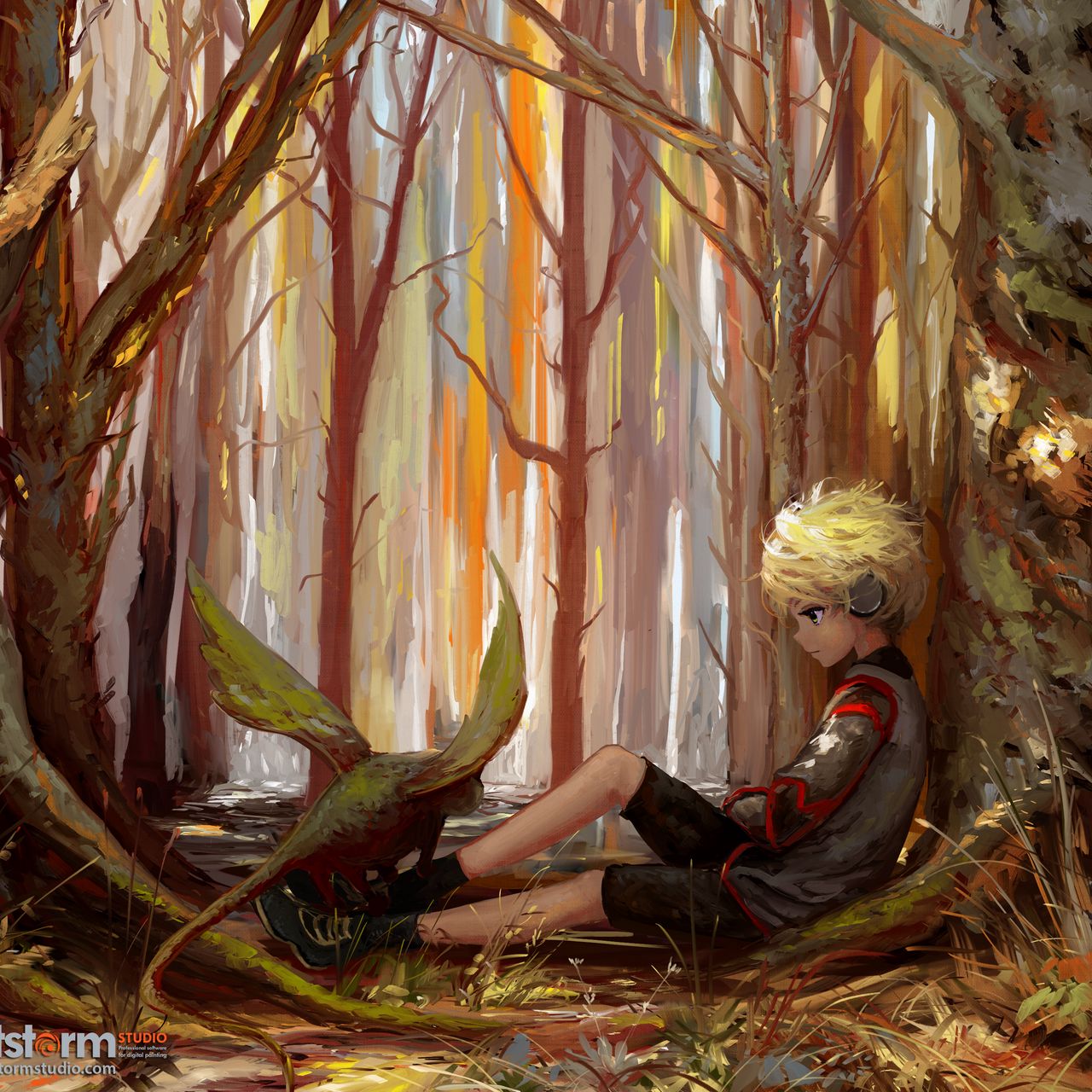 1280x1280 Обои ребенок, арт, одиночество, лес, деревья