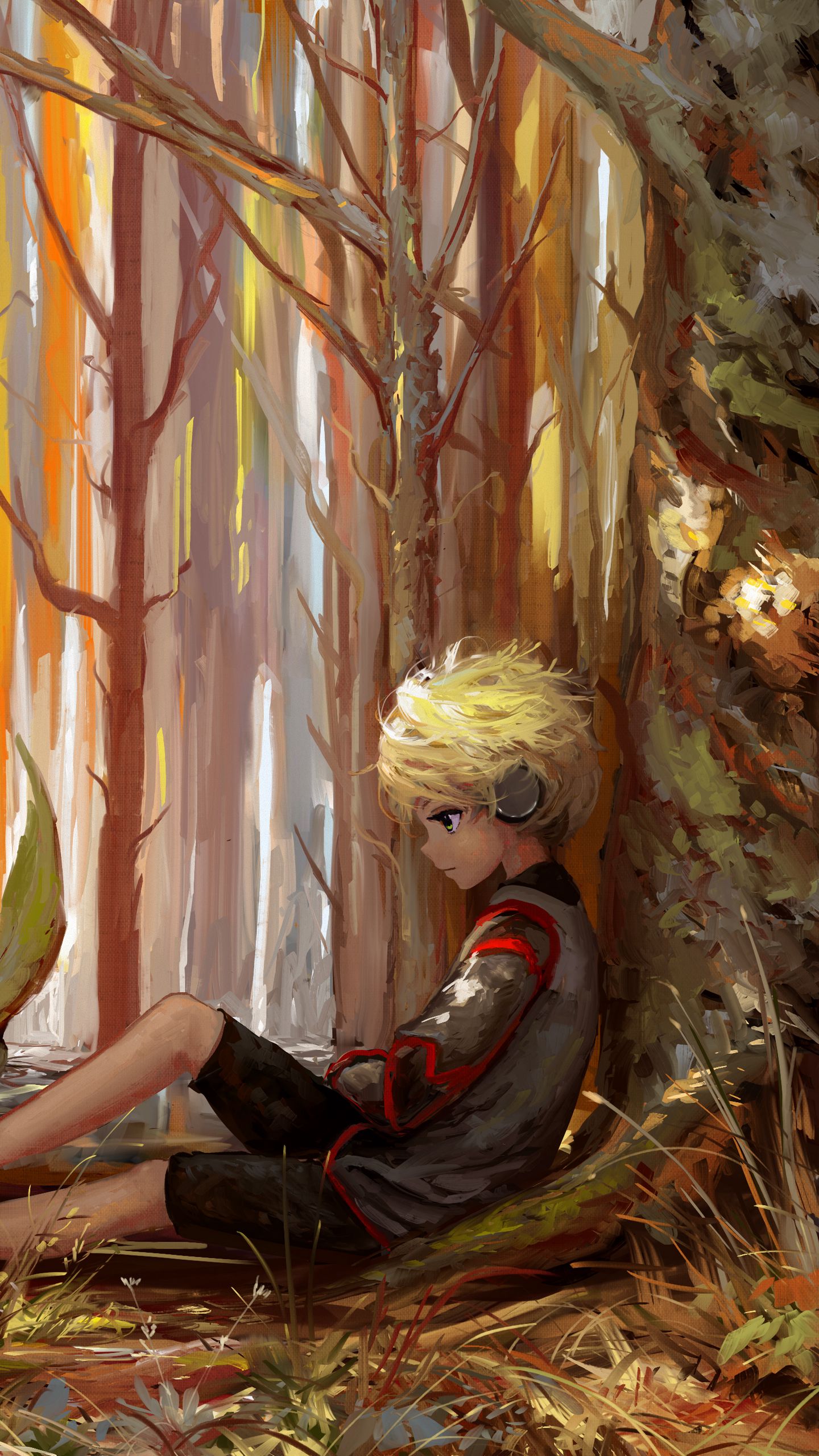 1440x2560 Обои ребенок, арт, одиночество, лес, деревья