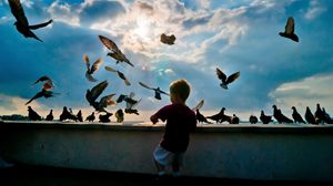 Превью обои ребенок, голуби, птицы, полет, увлечение