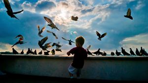 Превью обои ребенок, голуби, птицы, полет, увлечение