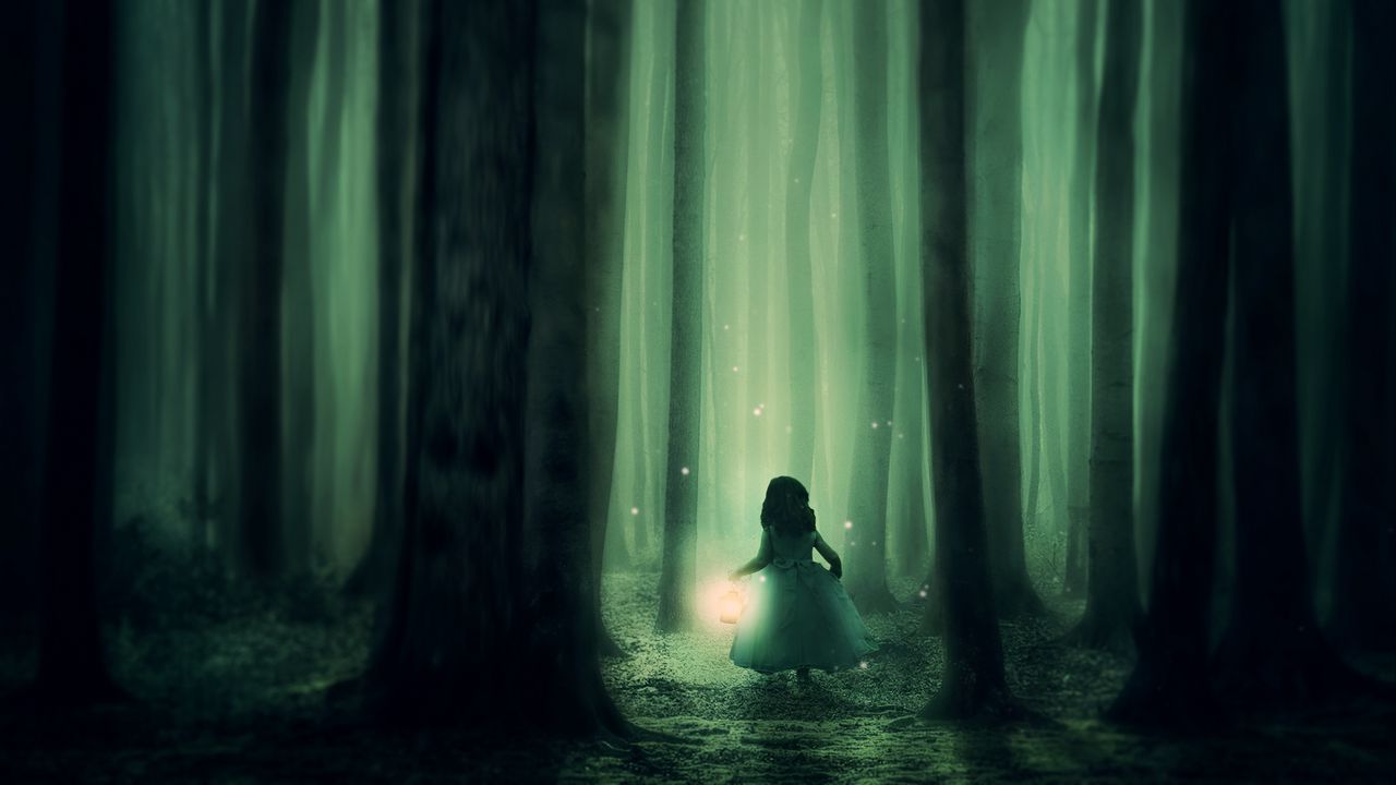 Обои ребенок, лес, туман, ночь, сказочный, фонарь, прогулка