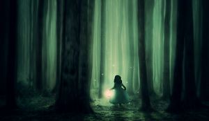 Превью обои ребенок, лес, туман, ночь, сказочный, фонарь, прогулка