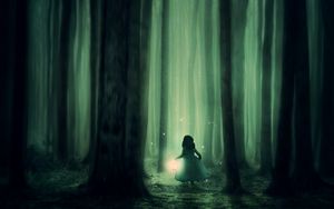 Превью обои ребенок, лес, туман, ночь, сказочный, фонарь, прогулка