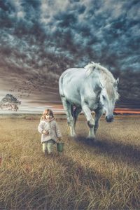 Превью обои ребенок, лошадь, поле, прогулка, фотошоп