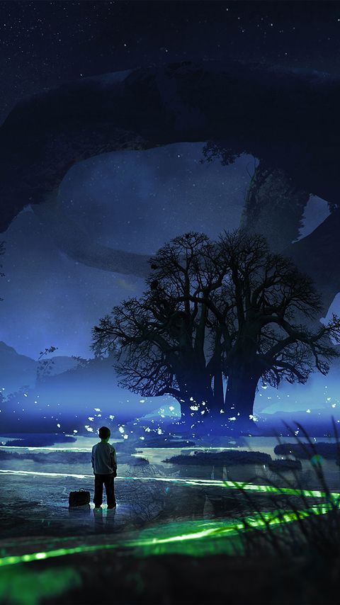 480x854 Обои ребенок, ночь, дерево, одиночество, арт