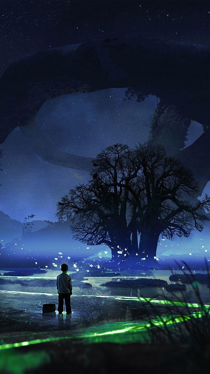 720x1280 Обои ребенок, ночь, дерево, одиночество, арт