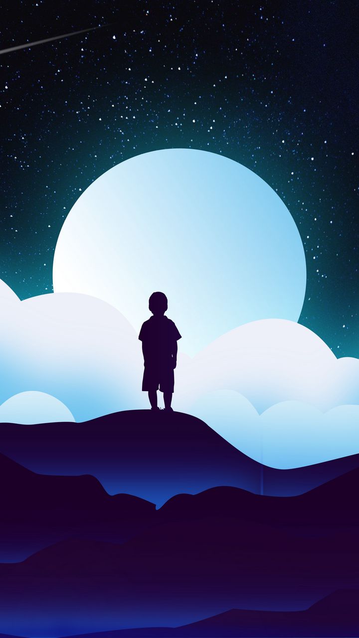 720x1280 Обои ребенок, силуэт, космос, облака, луна, вектор