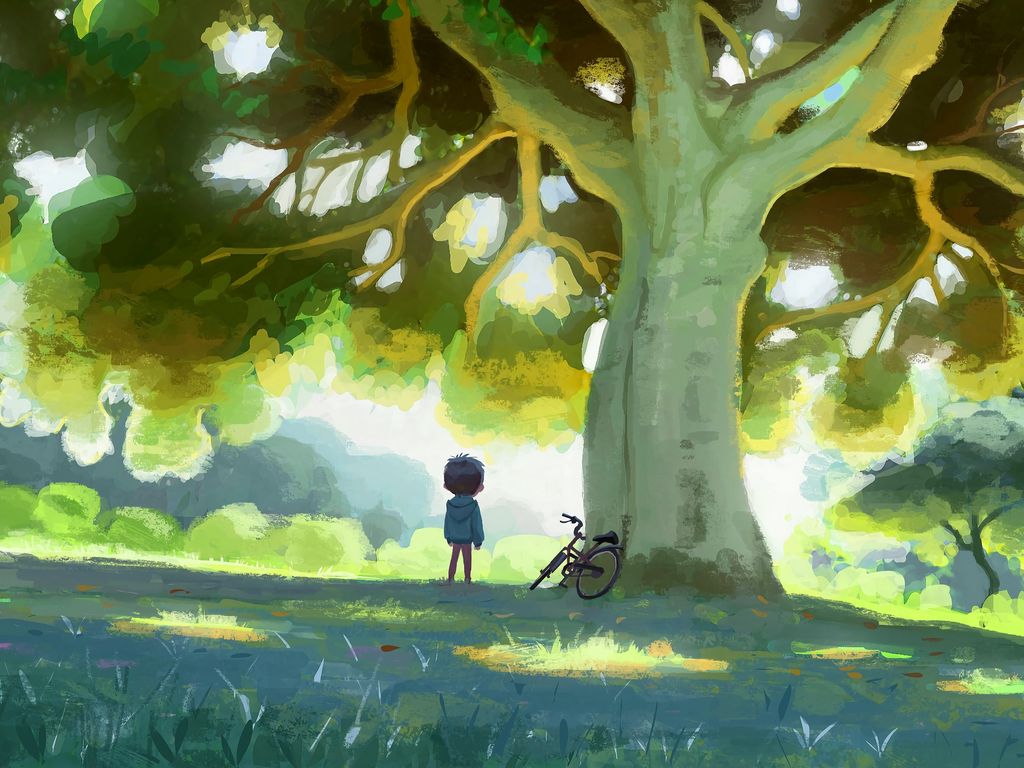 1024x768 Обои ребенок, велосипед, дерево, природа, арт