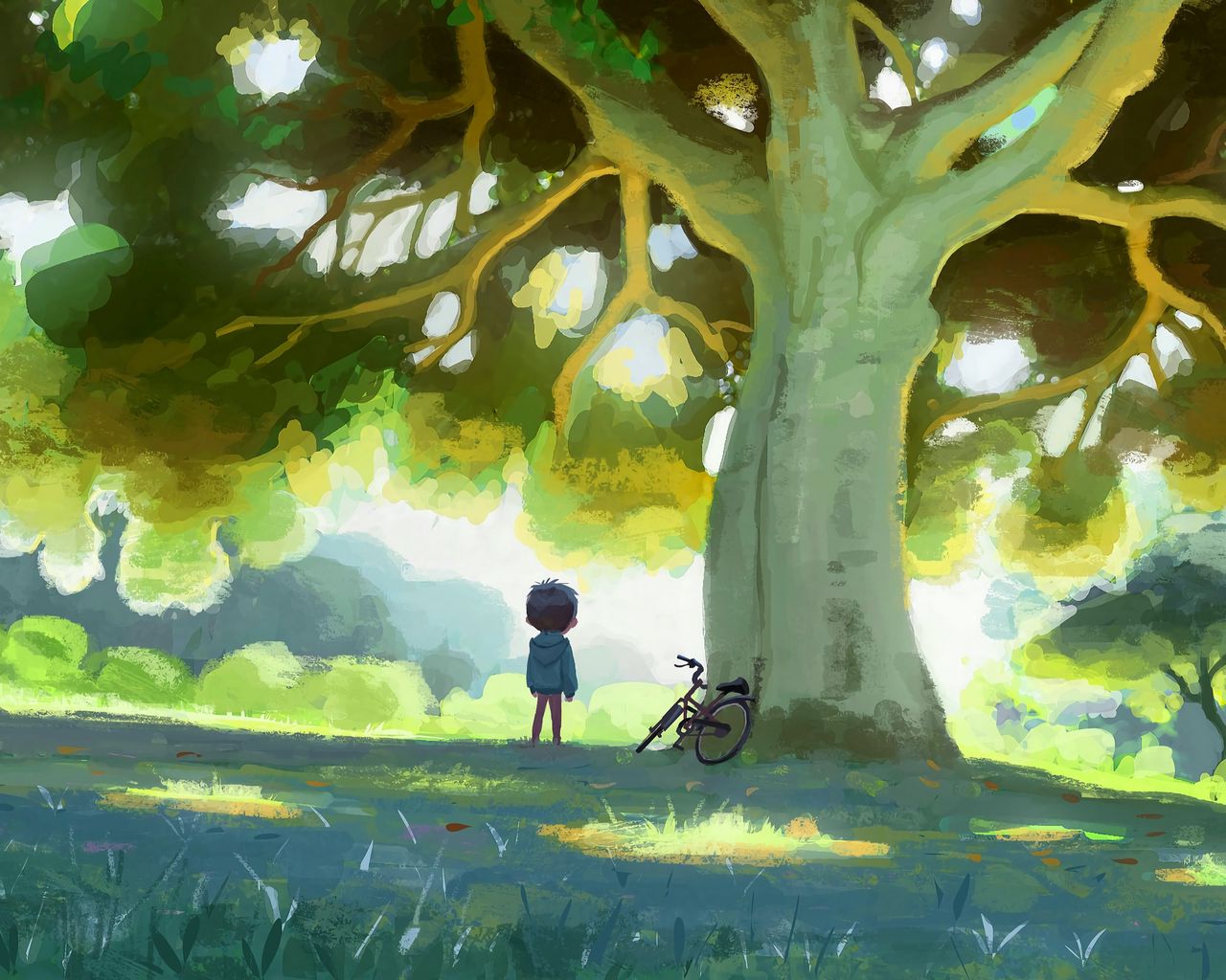1280x1024 Обои ребенок, велосипед, дерево, природа, арт