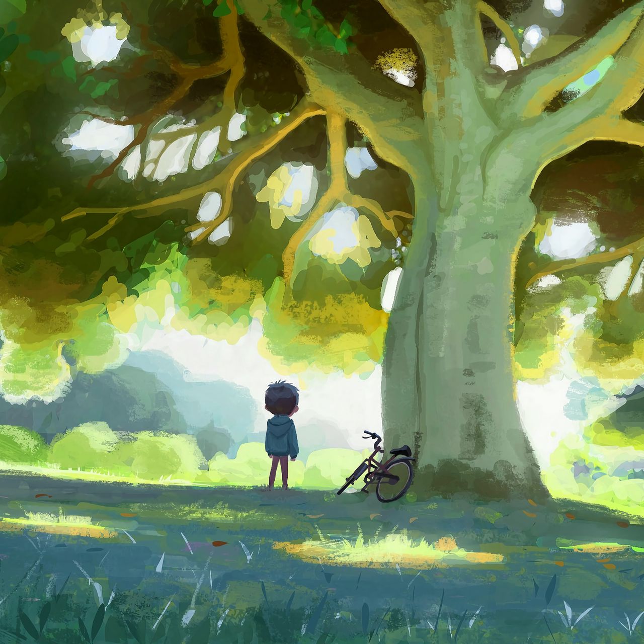 1280x1280 Обои ребенок, велосипед, дерево, природа, арт