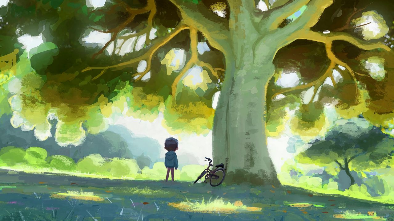 Обои ребенок, велосипед, дерево, природа, арт
