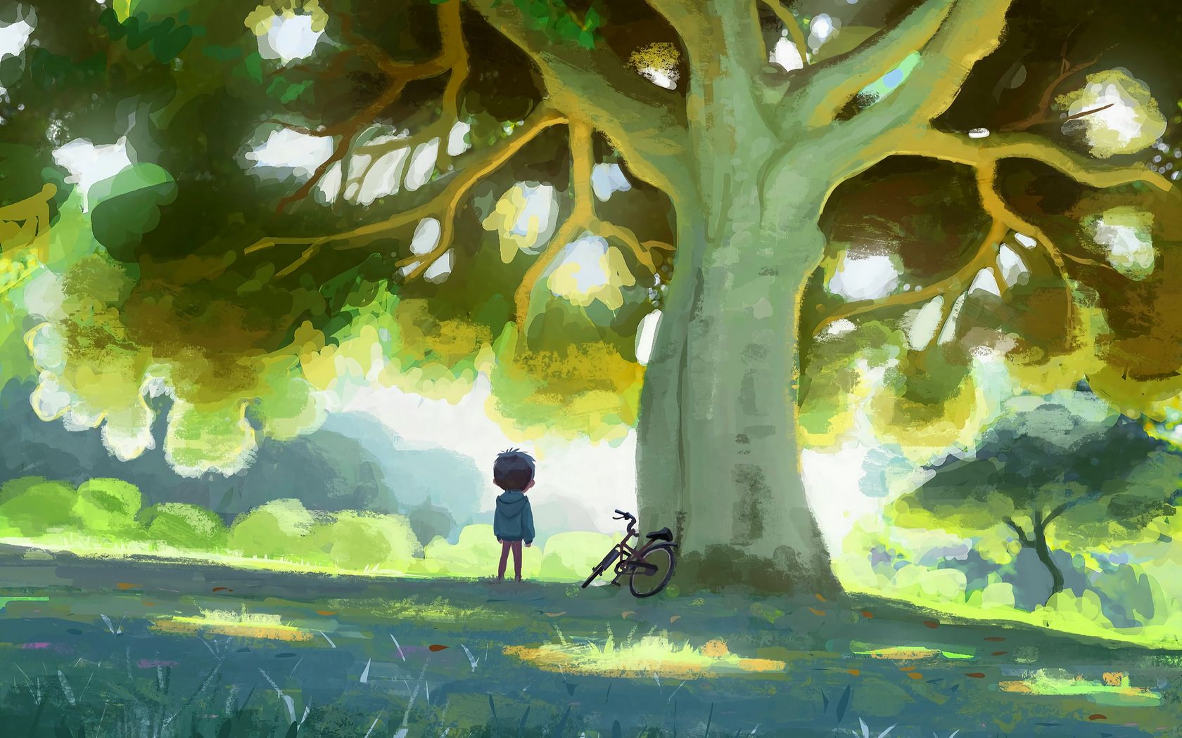 1680x1050 Обои ребенок, велосипед, дерево, природа, арт