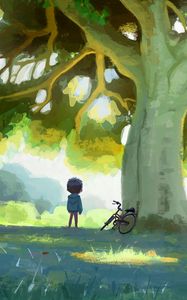Превью обои ребенок, велосипед, дерево, природа, арт