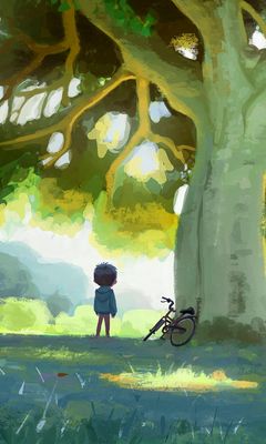240x400 Обои ребенок, велосипед, дерево, природа, арт