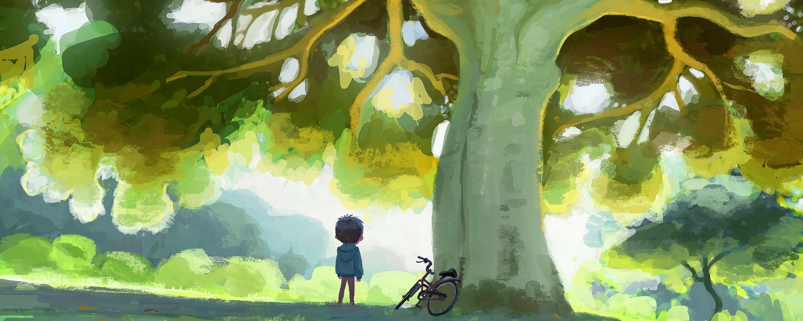 2560x1024 Обои ребенок, велосипед, дерево, природа, арт