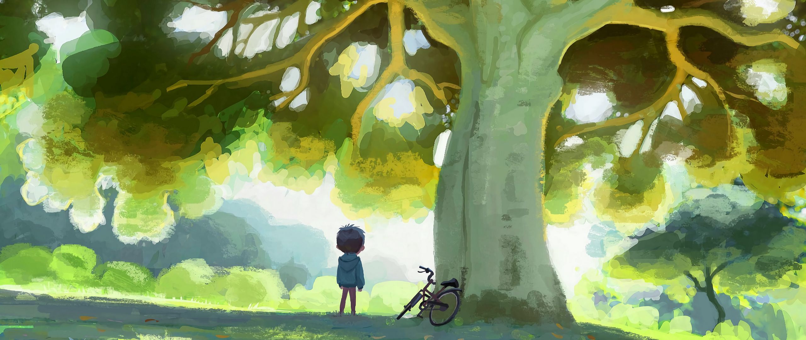 2560x1080 Обои ребенок, велосипед, дерево, природа, арт