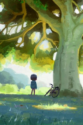 320x480 Обои ребенок, велосипед, дерево, природа, арт