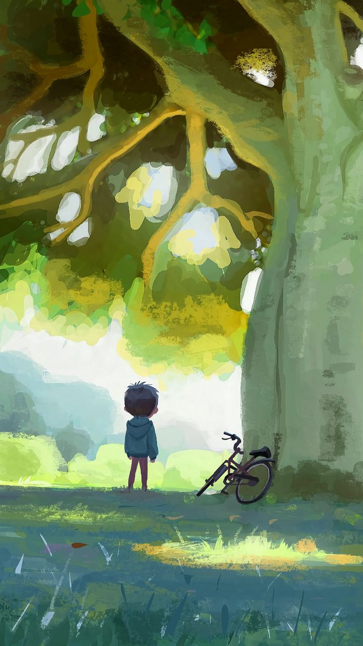 720x1280 Обои ребенок, велосипед, дерево, природа, арт