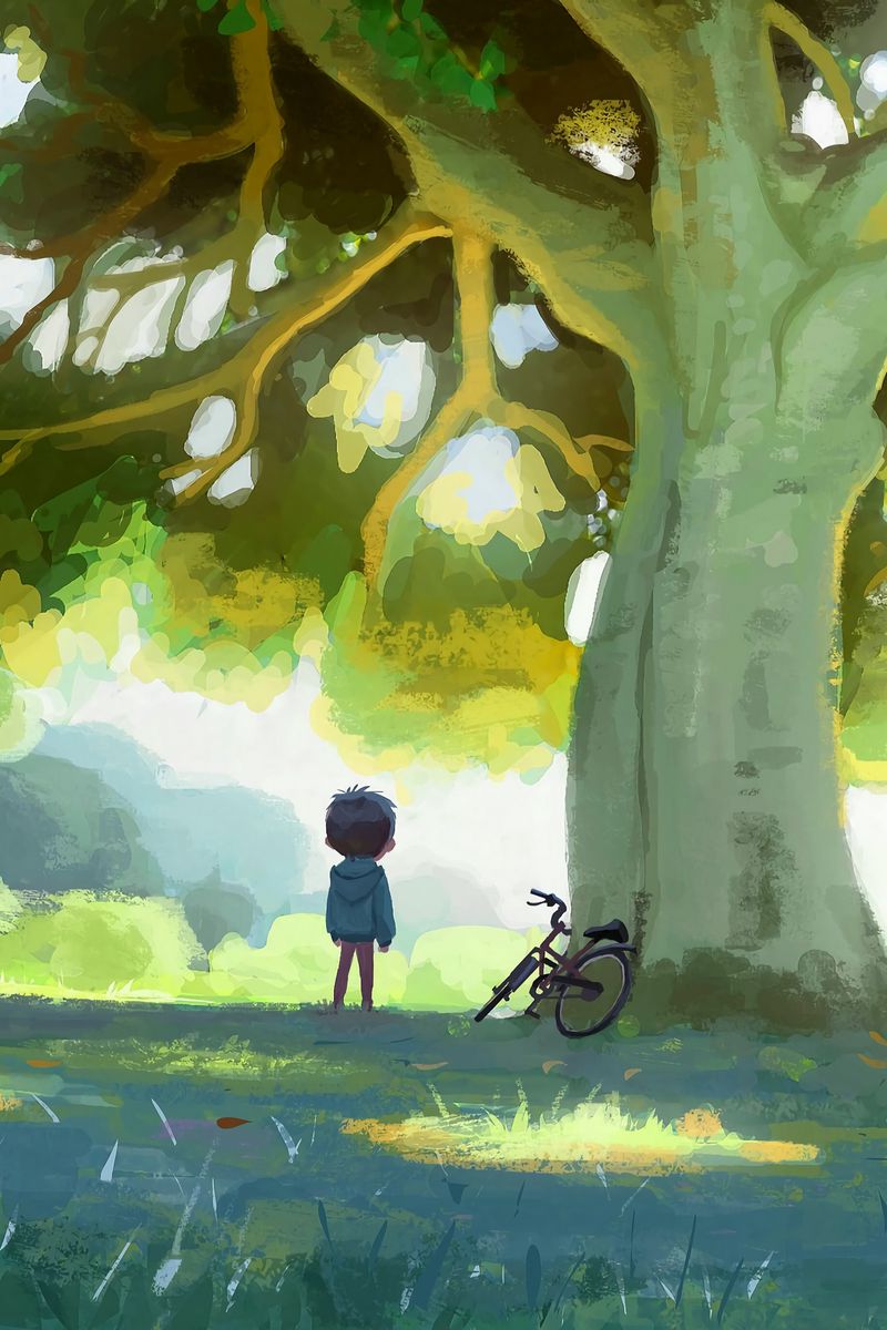 800x1200 Обои ребенок, велосипед, дерево, природа, арт