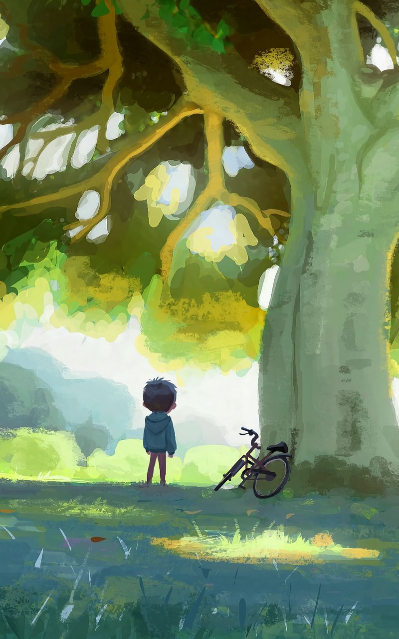 800x1280 Обои ребенок, велосипед, дерево, природа, арт