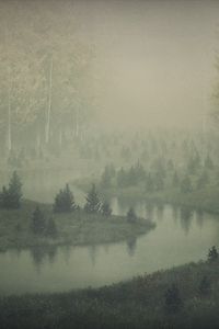 Превью обои река, берег, деревья, туман, арт