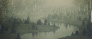 Превью обои река, берег, деревья, туман, арт