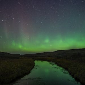 Превью обои река, берег, трава, северное сияние, ночь