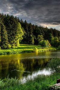 Превью обои река, берег, трава, скамейка, лето, красиво, спокойствие